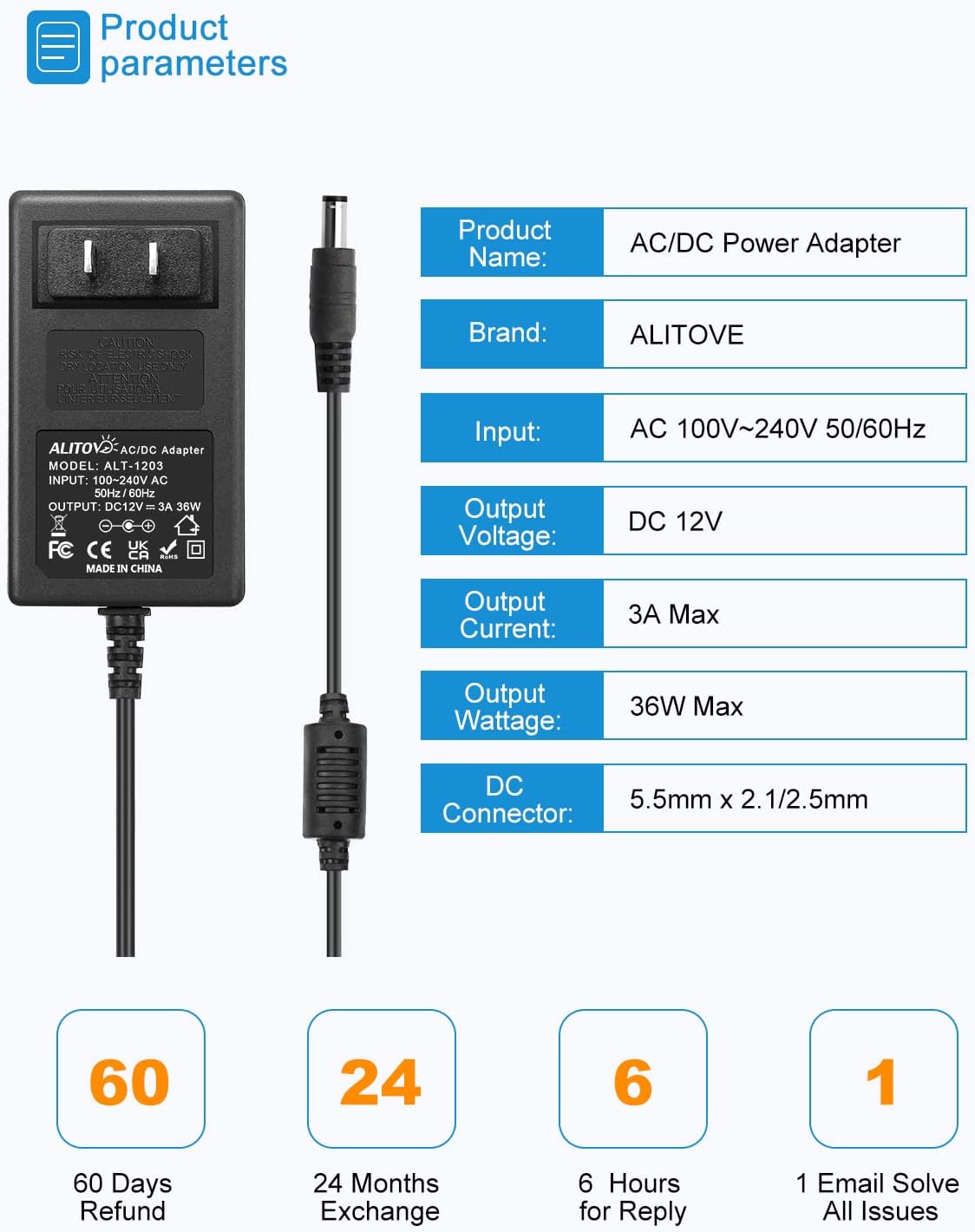 ALITOVE Fuente de alimentación de 12 V CC 12 voltios 3A 36 W adaptador de corriente 100  240 V CA a CC 12 V convertidor 3Amp 2.5A 2A ACDC adaptador