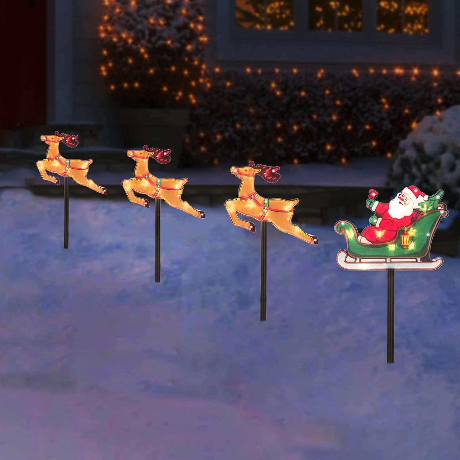 Luces solares de Navidad para caminos al aire libre, juego de 4 piezas de reno con 8 modos de iluminación LED preiluminadas, estacas de patio,