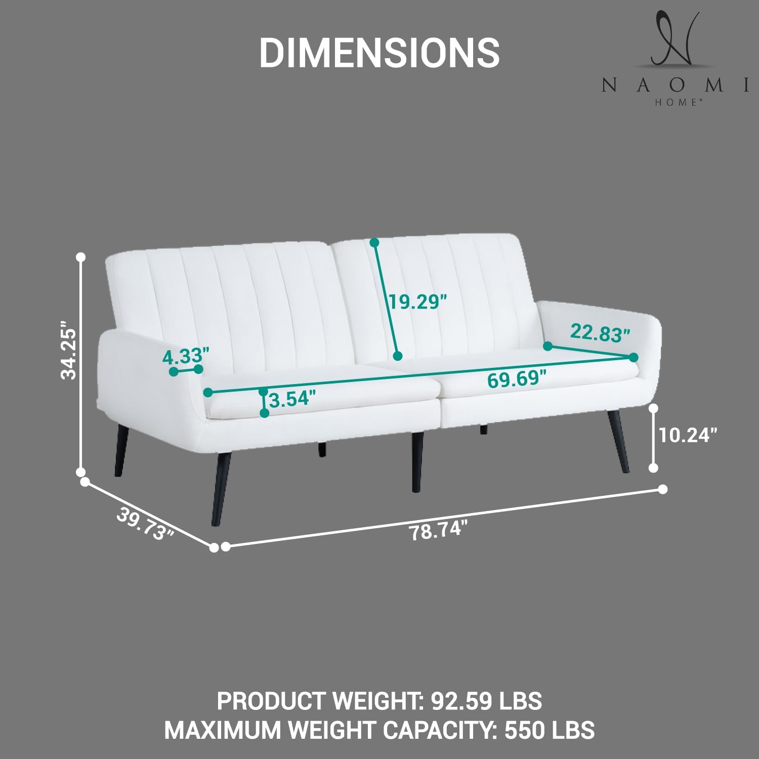 Naomi Home Raven – Sofá cama futón moderno, sofá convertible con respaldo dividido de lino para sala de estar, sofá cama moderno de mediados de