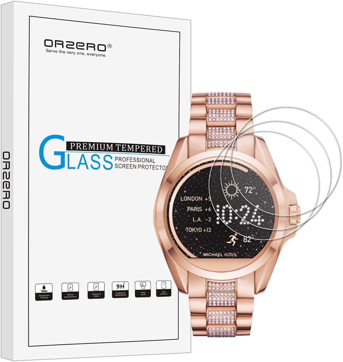 Orzero Paquete de 3 protectores de pantalla de vidrio templado compatibles con Michael Kors Bradshaw (versión mejorada, bordes de arco 2.5D, 9