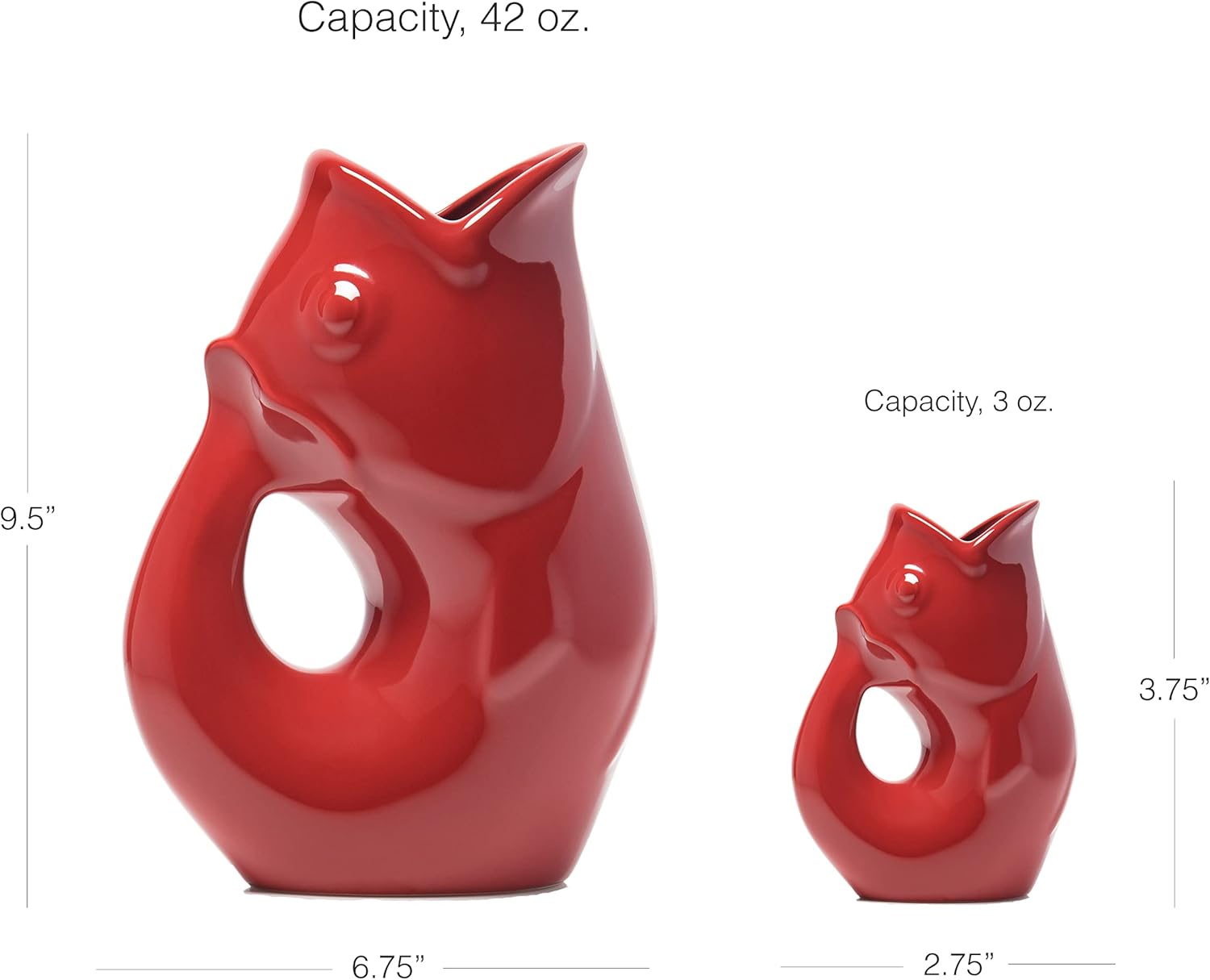 Gurgle Pot Jarra de pescado, juego de 2, rojo urbano, diseño de inspiración francesa, jarra grande de 42 onzas con crema a juego de 3 onzas, vajilla