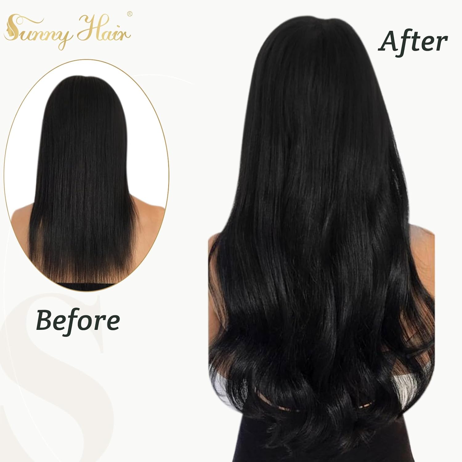 Sunny Hair – Extensiones de clip de cabello humano lacio para un aspecto natural, se mezclan muy bien con tu cabello, color negro – 18pulgadas,