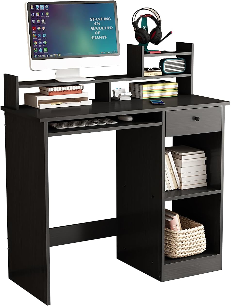 ALISENED Escritorio para computadora con cajón y bandeja para teclado, escritorio de estudio de 39.3 pulgadas con gabinete de escritorio y estantes