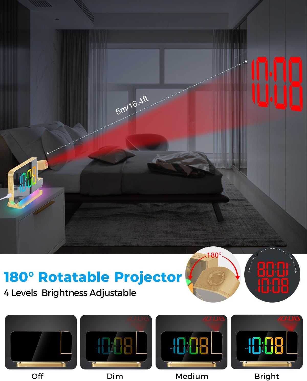 SZELAM Reloj despertador de proyección, reloj digital con espejo LED de 7.4 pulgadas, pantalla grande, con proyector giratorio de 180, luz nocturna