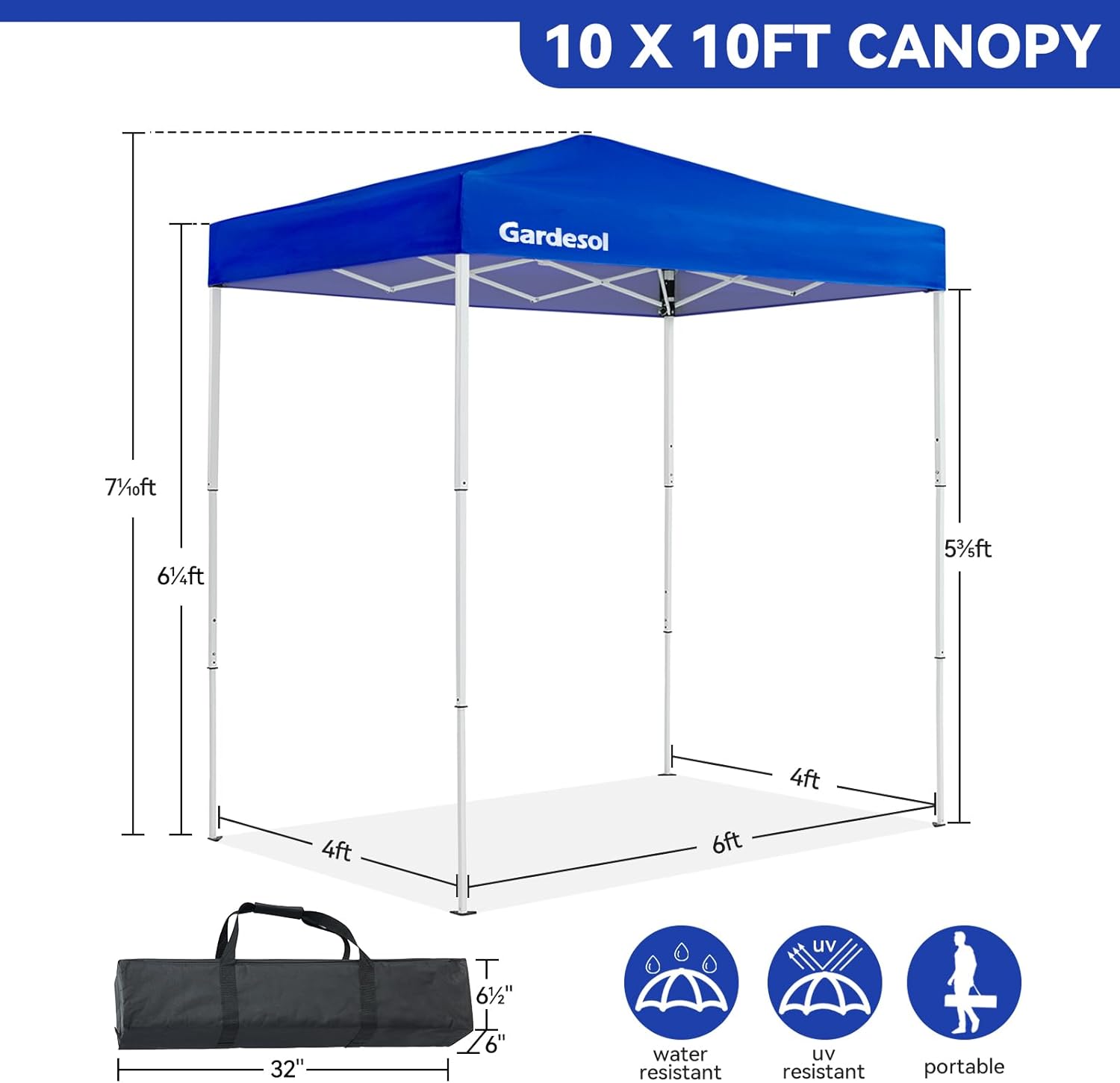 Gardesol E-Z – Tienda de campaña portátil para exteriores con bolsa de transporte y marco blanco, protección UV, de 6 x 4 pies, color azul