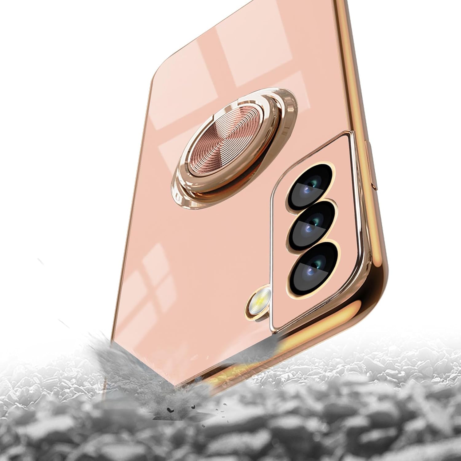 Aitipy Funda para Samsung Galaxy S21 FE con 1 protector de pantalla, soporte de anillo de rotación de 360 integrado, borde chapado brillante de