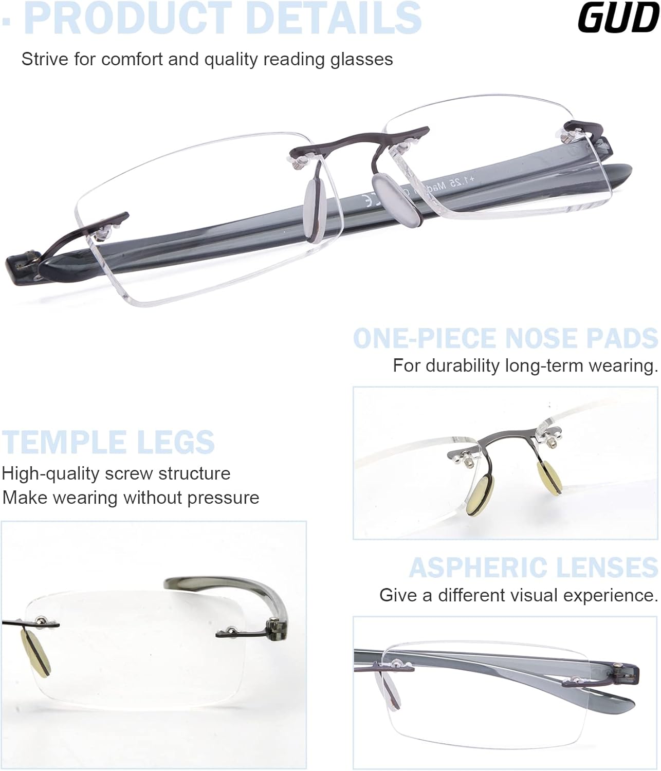 GUD Gafas de lectura 7 pares de lentes de lectura sin montura para mujeres y hombres
