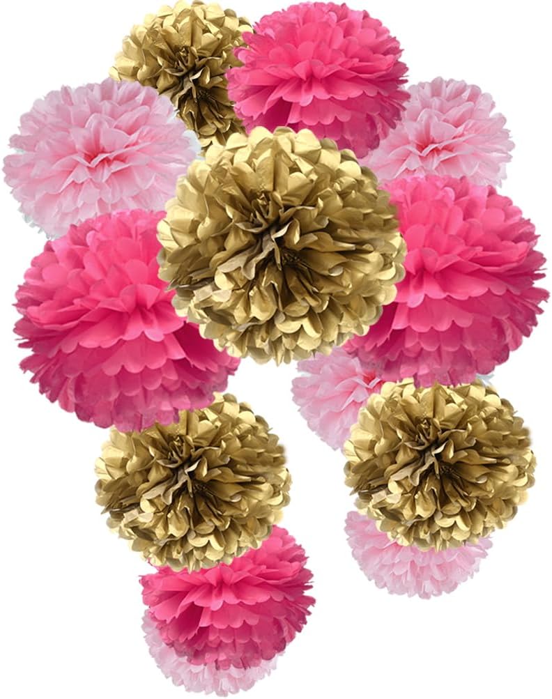 Pompones de papel de color rosa intenso y rosa dorado para baby shower, compromiso, despedida de soltero, cumpleaños, día de San Valentín, fiesta