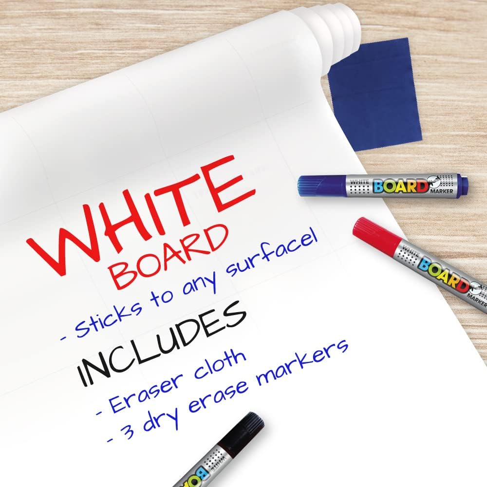 Rollo de hojas adhesivas blancas para pared, de 18 x 78 pulgadas (6.5 pies), incluye 3 marcadores de borrado en seco, papel para tablón de anuncios,