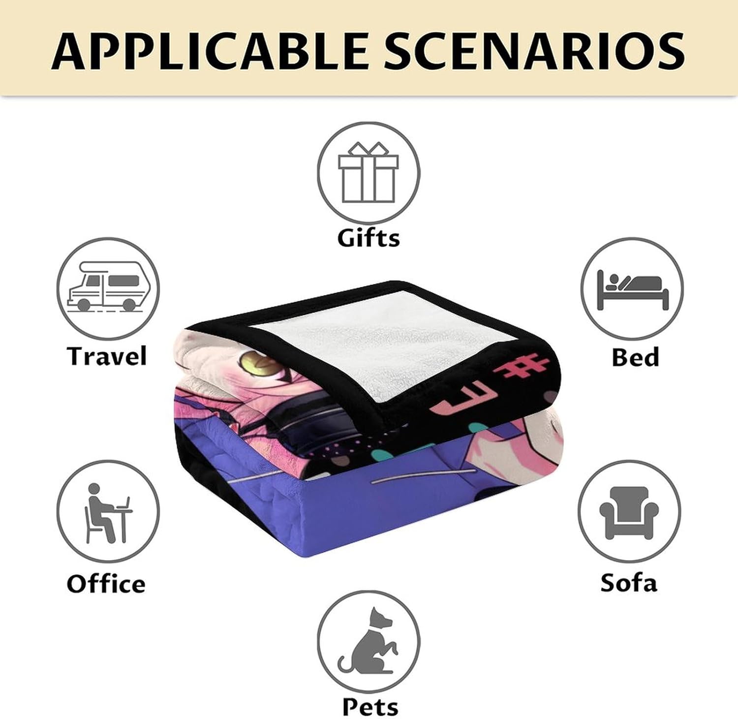 Manta de anime  Manta pequeña de 50 x 40 pulgadas para niños, niñas y niños  Mantas suaves y cálidas para cama, sofá, color negro