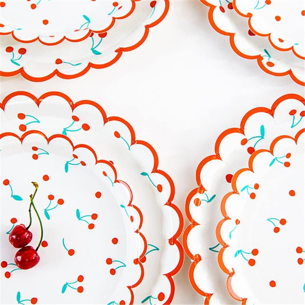 Plato de papel desechable de 9 pulgadas para fiestas, plato de papel de postre con diseño de frutas y cerezas, para bodas, baby shower, cumpleaños