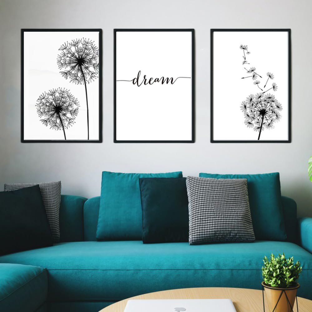 YOWOCAL Decoración de pared de diente de león, lienzo de flores en blanco y negro, decoración de sala de estar, dormitorio, guardería, impresiones