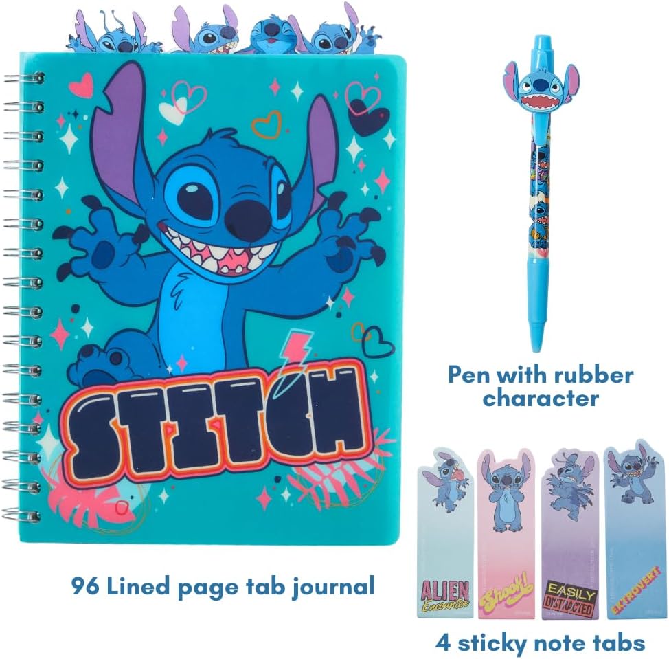 Innovative Designs Disney Stitch – Cuaderno en espiral, bolígrafo, pestañas adhesivas, 96 páginas rayadas, color azul