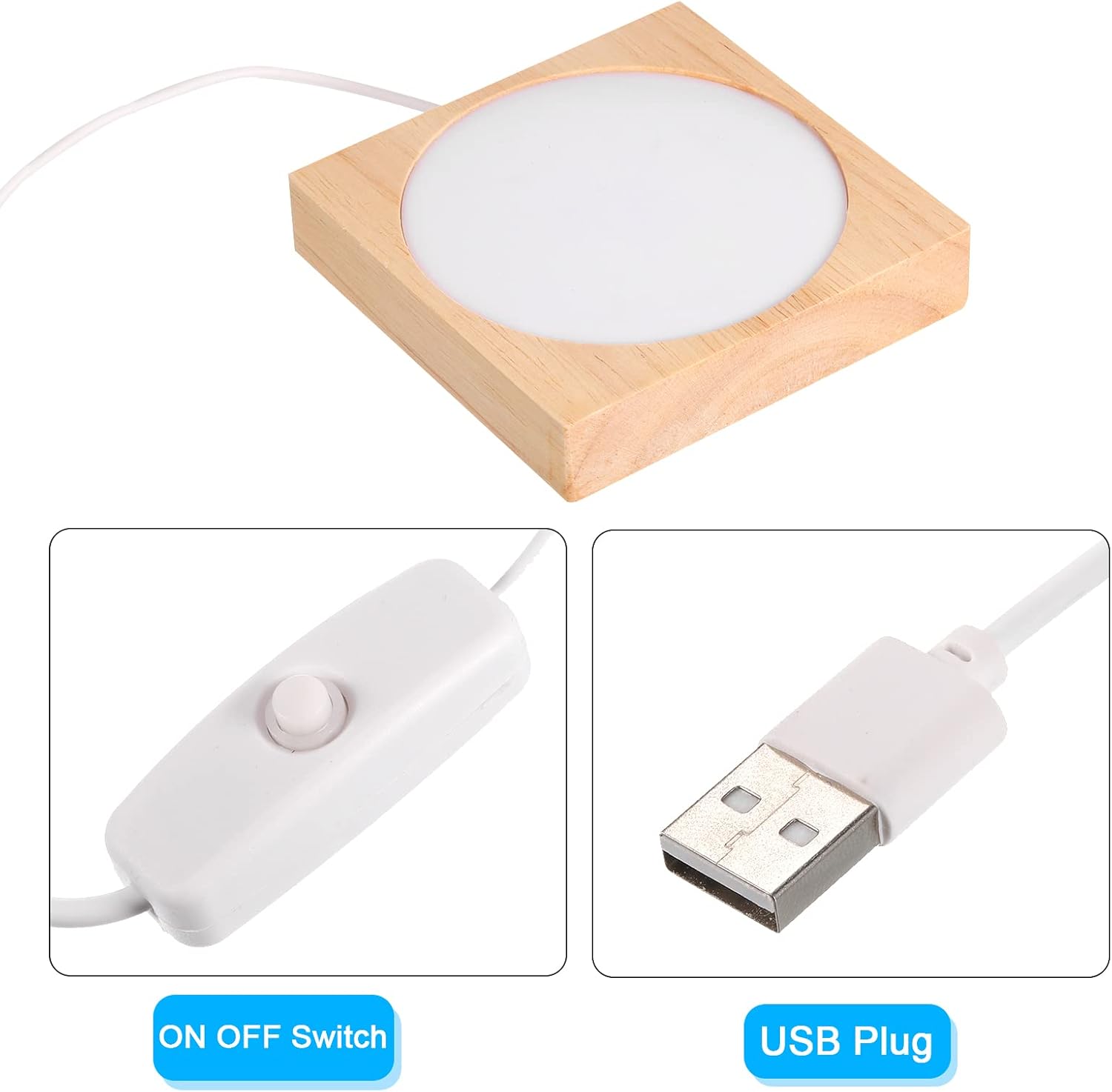 PATIKIL Base de luz LED de madera de 3.2 pulgadas, base de exhibición de luz de madera con interruptor para arte de resina de cristal 3D, luz