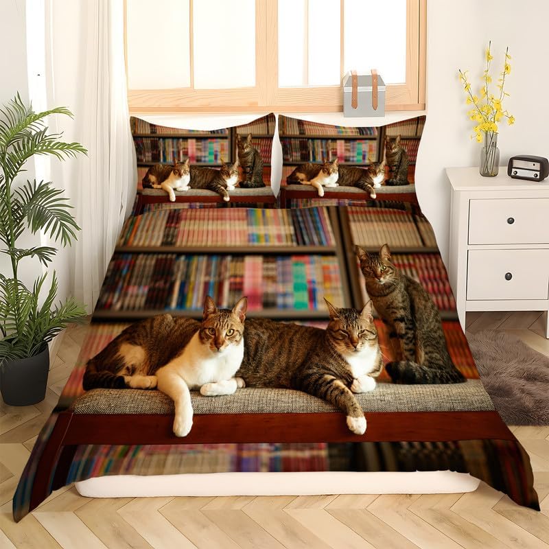 Dark Brown Cat Twin Duvet Cover Animal Print Twin Bedding Sets Soft Microfiber Comforter Cover and 2 Pillow Shams 20″X26″, Bed Set Duvet Covers with