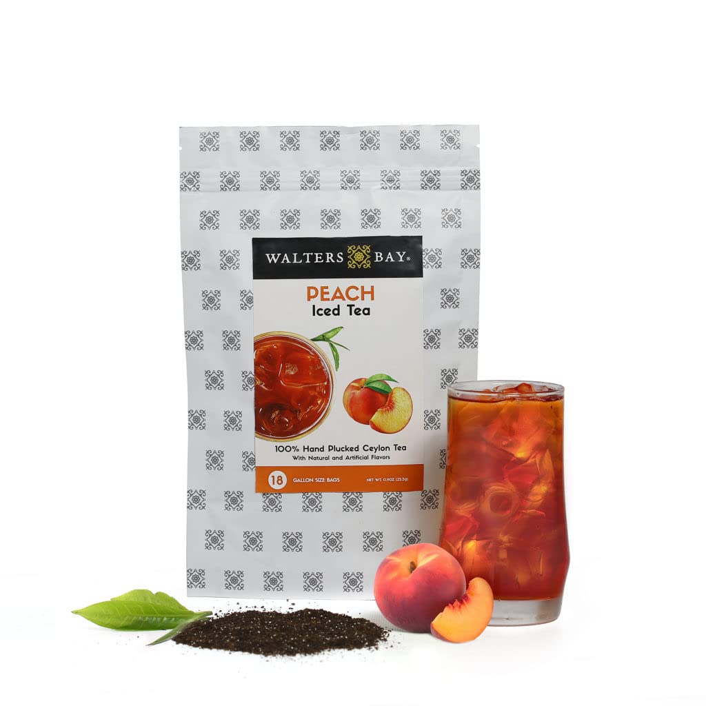 Walters Bay Té helado de melocotón, 18 unidades, cada bolsa hace 1 galón, tamaño familiar, sabor a melocotón del sur, 100% desplumado a mano, té