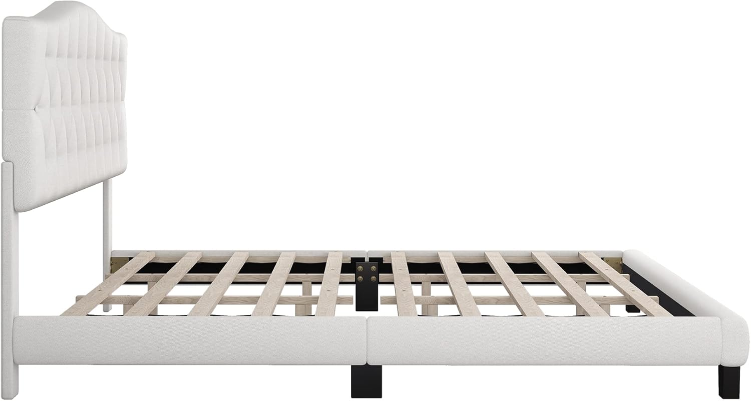 Cama de plataforma tapizada con cabecera curvada y detalles capitoné de diamante, soporte de listones de madera, no necesita somier, fácil montaje
