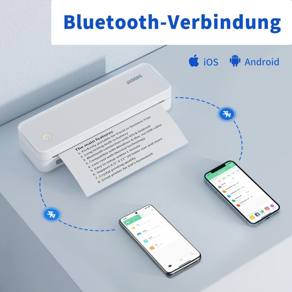 JADENS Impresoras portátiles inalámbricas para viajes, compatible con letras estadounidenses de 8.5 x 11 pulgadas, impresora térmica Bluetooth