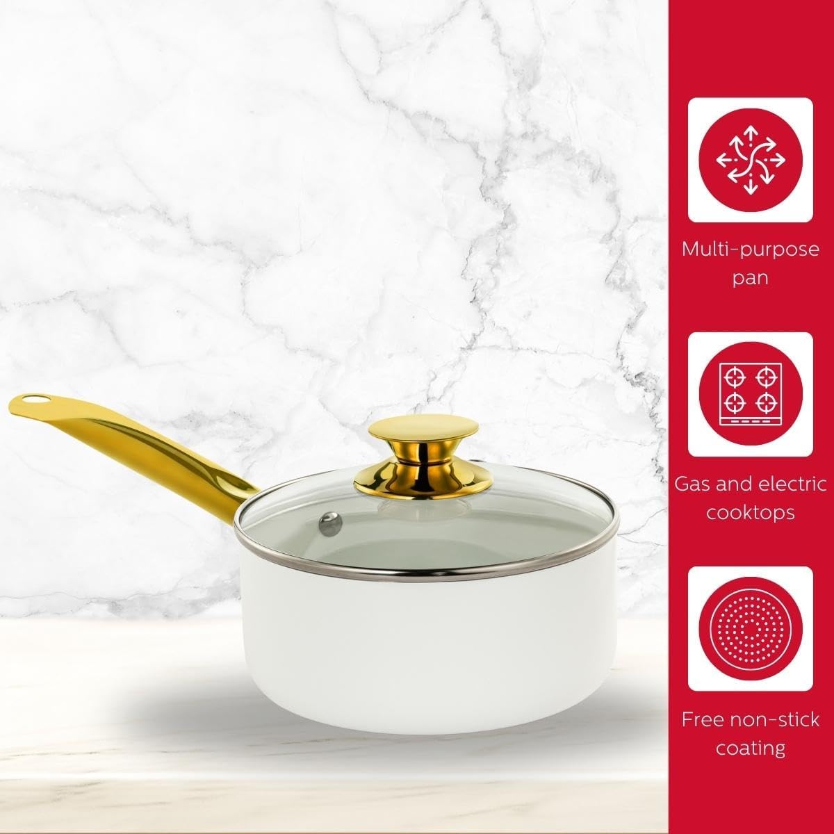 Holstein Housewares Cacerola antiadherente de cerámica blanca de 2.5 cuartos con tapa, color dorado y mango de acero inoxidable, elegancia dorada