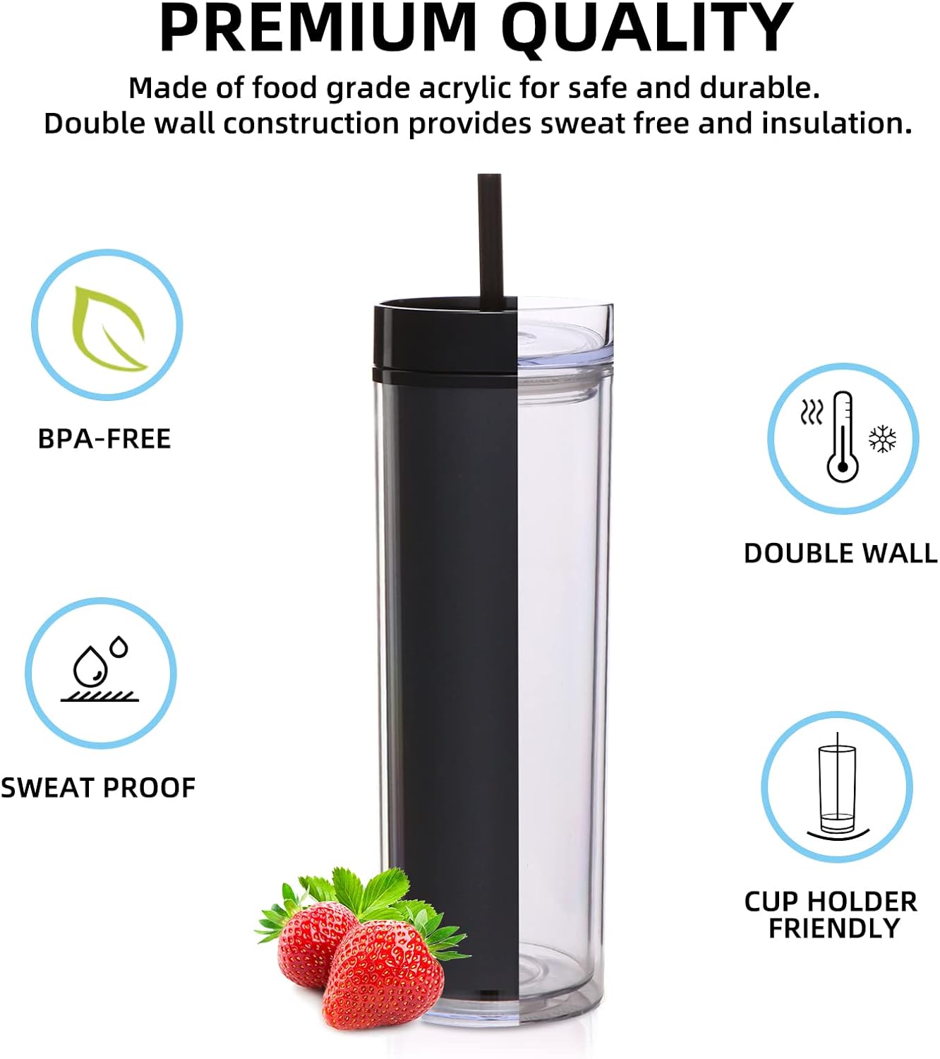 Volhoply Vasos delgados de plástico de 20 onzas, paquete de 4 unidades, vaso transparente de doble pared con tapa y pajita, taza reutilizable para