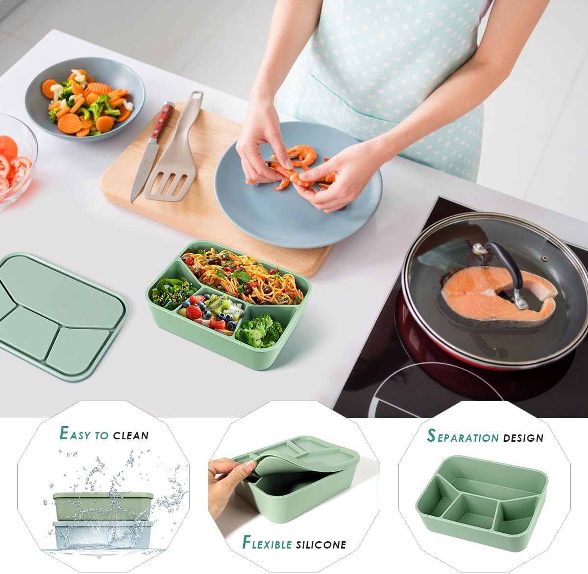 Keweis Caja Bento de silicona, contenedor de 4 compartimentos con tapas, cajas Bento para ensaladas a prueba de fugas, herméticas, aptas para