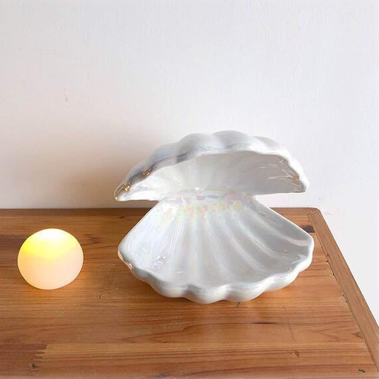 BinaryABC Cerámica Shell Pearl Light Led Lámpara Portátil Luz de noche Luz de mesa, regalo de San Valentín (blanco)