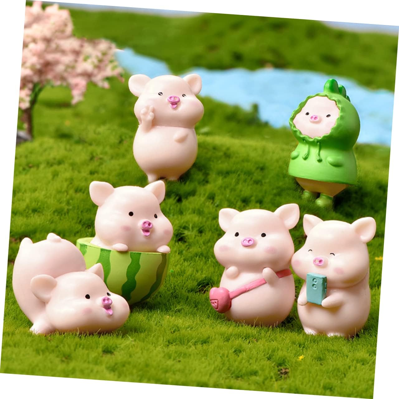 GANAZONO 7 piezas de adornos decorativos de cerdo mini animales sandía decoración pastel decoración Pascua fiesta bolsa relleno miniatura paisaje