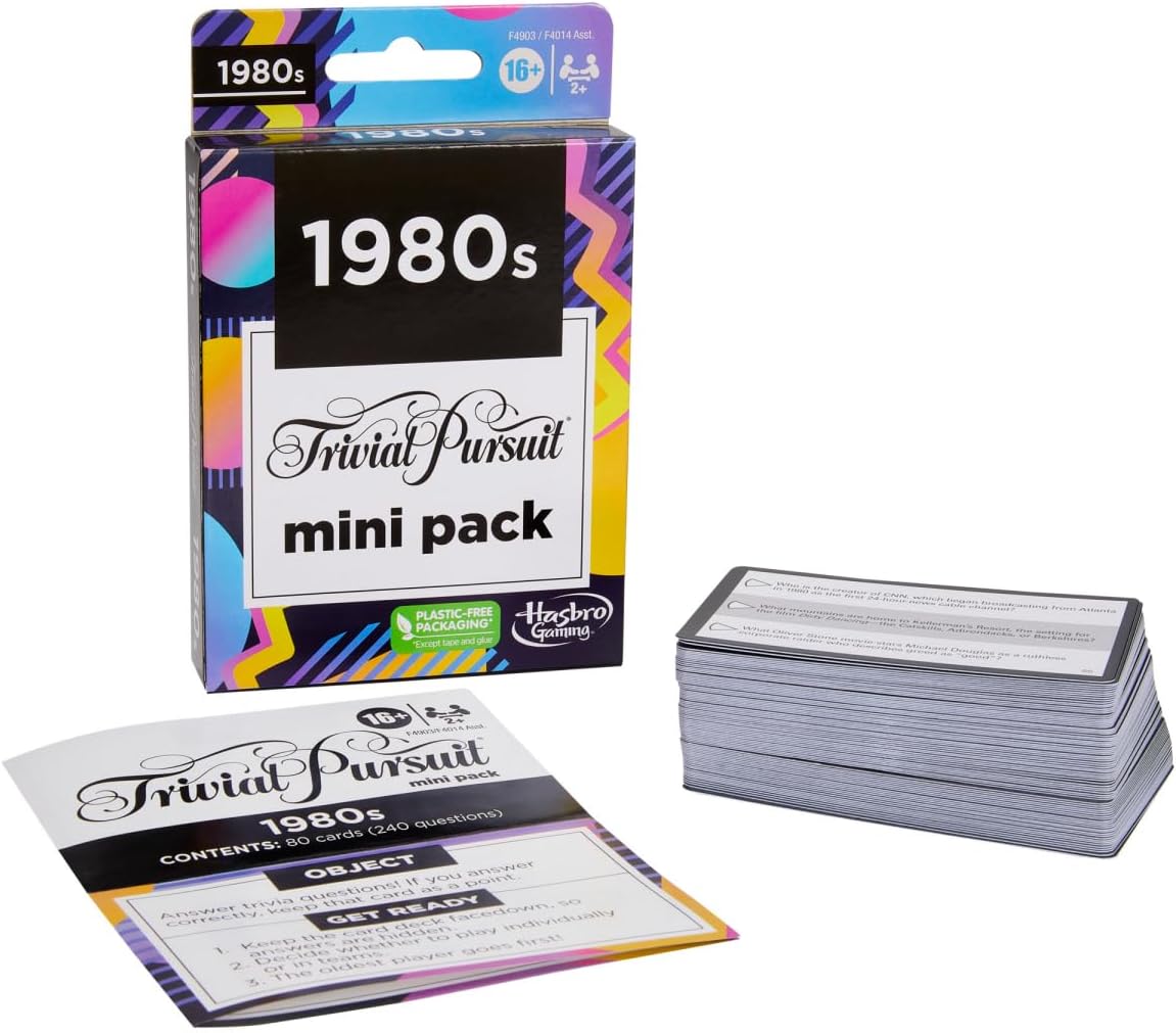 Trivial Pursuit – Paquete de 4 tarjetas de juego  Paquete con 4 mini paquetes Trivial Pursuit con tatuajes de los años 80  2010  Mini paquetes de
