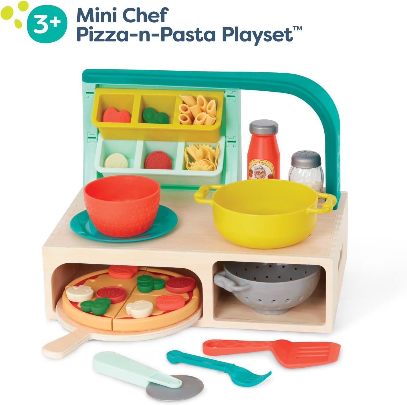 B. toys – Mini Chef – Pizza-n-Pasta Playset – Juego de pizza y pasta de juego de simulación – Comida de juego y accesorios de juego de roles –