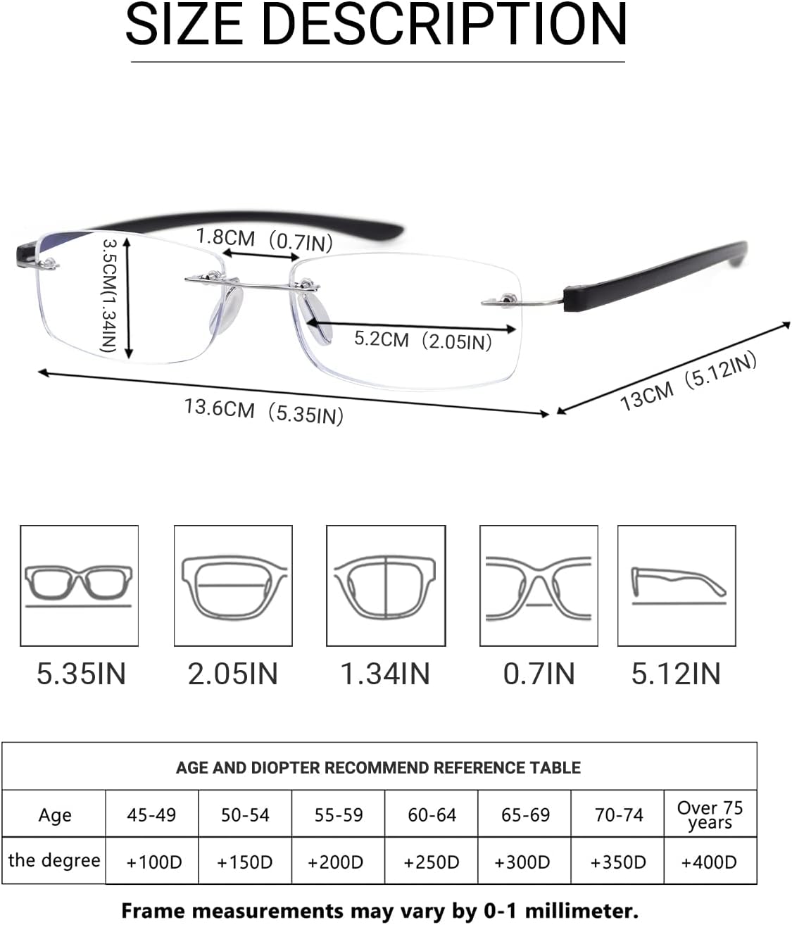 TERAISE Paquete de 2 lentes de lectura sin montura para hombres y mujeres, lentes de lectura con bloqueo de luz azul, ultraligeros sin marco, para