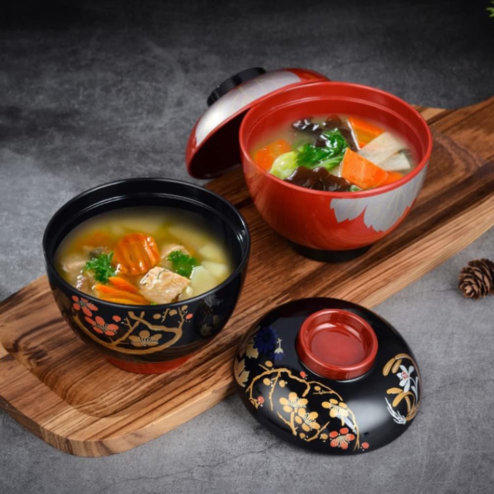 Hemoton Cuenco de sopa de cebolla francesa Cuenco de sopa de miso con tapa, cuenco de fideos de melamina japonesa, cuenco de arroz, cuenco de postre