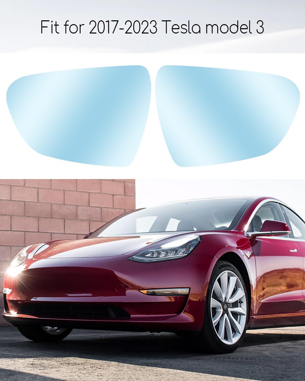 Espejo lateral azul antirreflejos para Tesla Model 3 2017-2023, espejo lateral de desempañamiento térmico de gran angular con placa trasera, 1 par