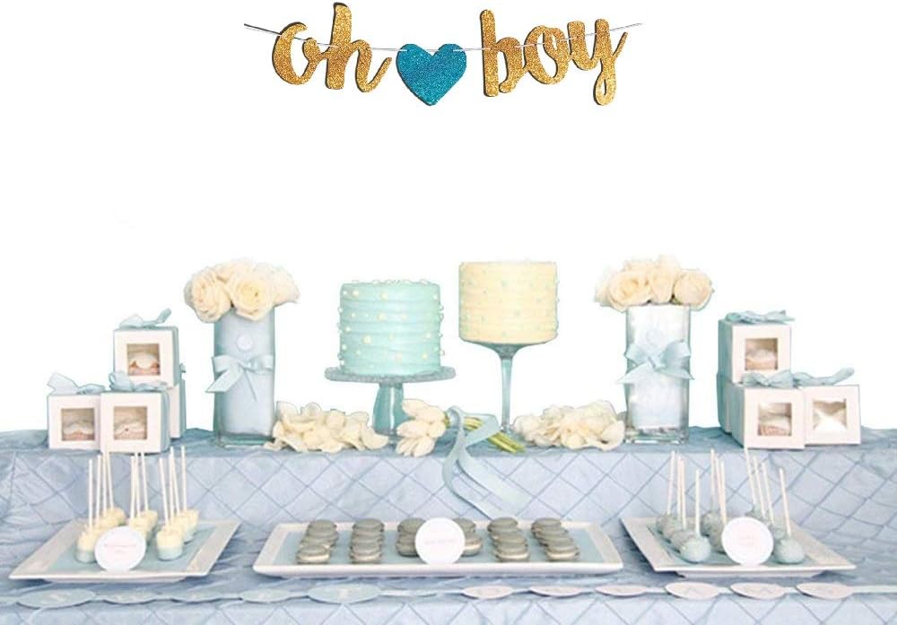 Oh Boy – Cartel con purpurina – Decoraciones de baby shower para niño – Guirnalda de fiesta de revelación de género