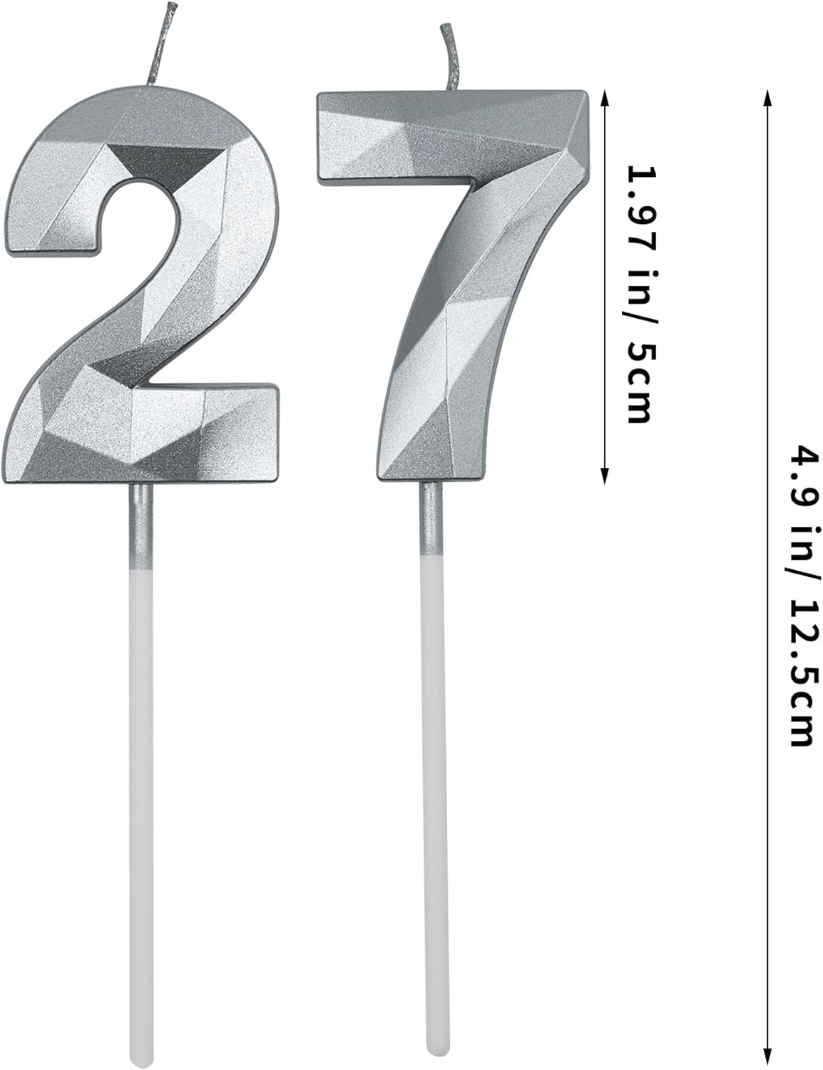Velas de cumpleaños de 27 y 72 para pastel, número plateado 27 72 3D con forma de diamante, decoración de cumpleaños, suministros de fiesta para