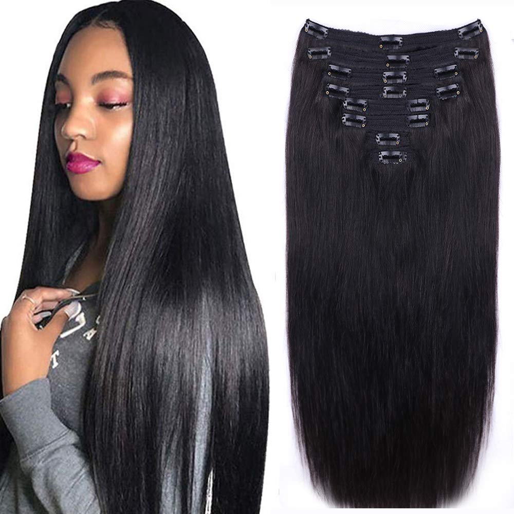 Extensiones de cabello natural recto con clip para mujeres negras, 100% sin procesar, para la cabeza completa, cabello natural virgen brasileño,
