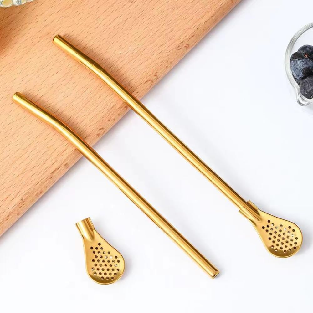 Pajitas reutilizables, 8 pajitas de yerba mate de acero inoxidable dorado con cuchara de filtro movible