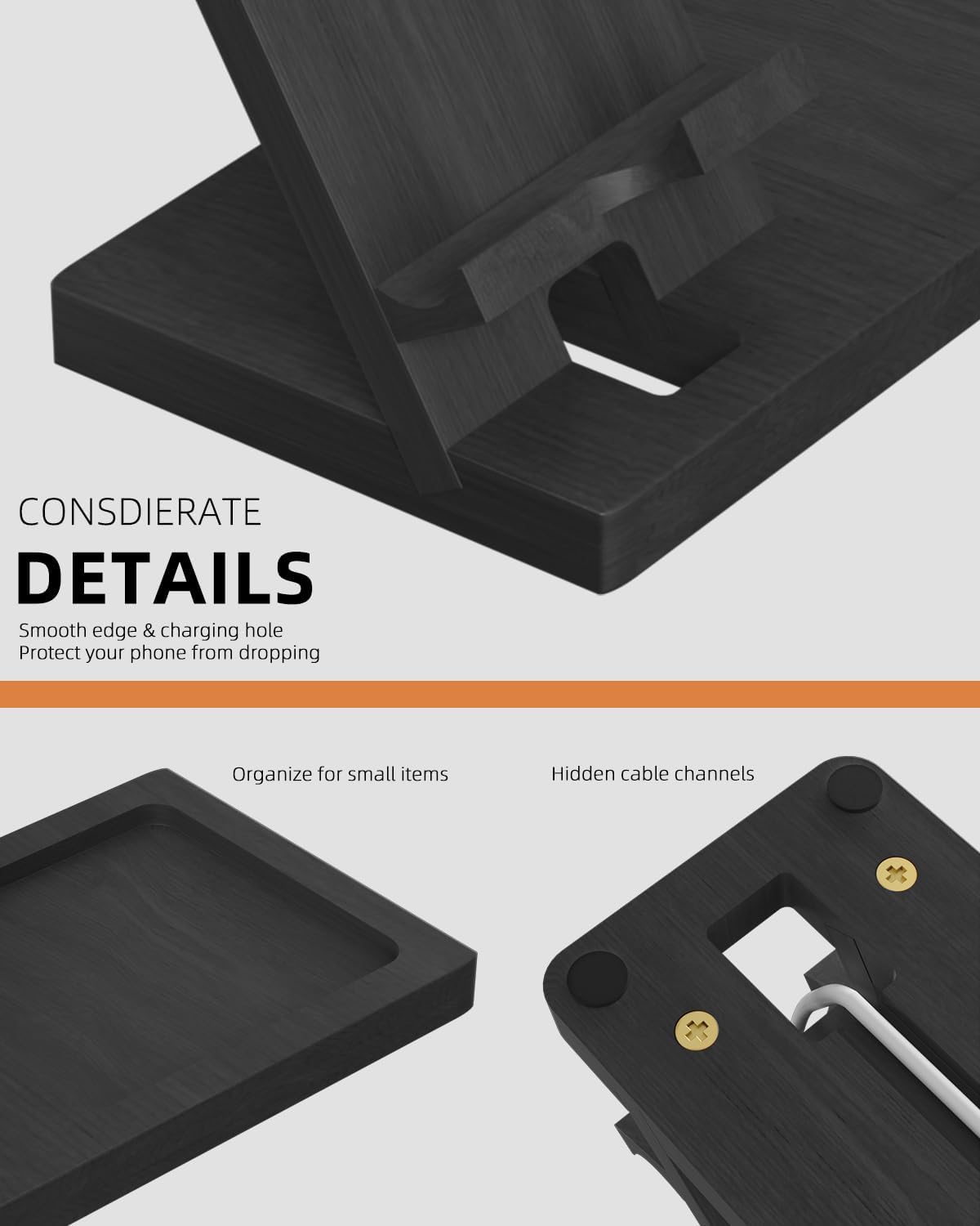 Soporte para teléfono celular, soporte portátil para teléfono, soporte transparente para escritorio (negro (con bandeja))