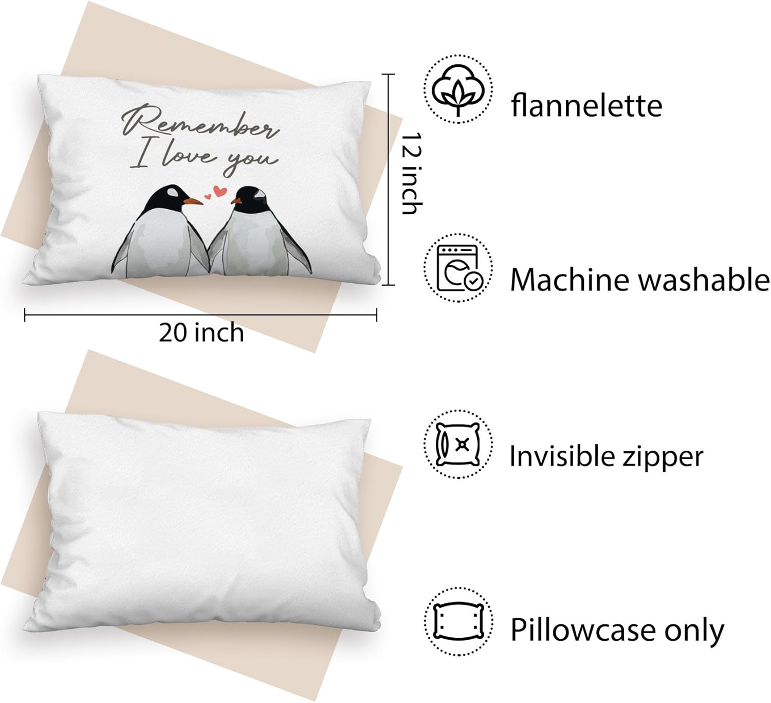 Fundas de almohada decorativas de pingüinos de 12 x 20 pulgadas, regalos de amor para ella, funda de almohada decorativa de pingüino para el hogar,