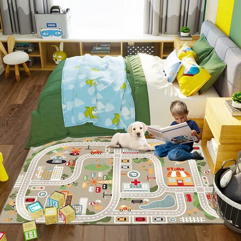 Alfombra de juegos para niños, alfombra de juego de vida urbana para autos de juguete y trenes, alfombra de área de juegos con respaldo de goma,