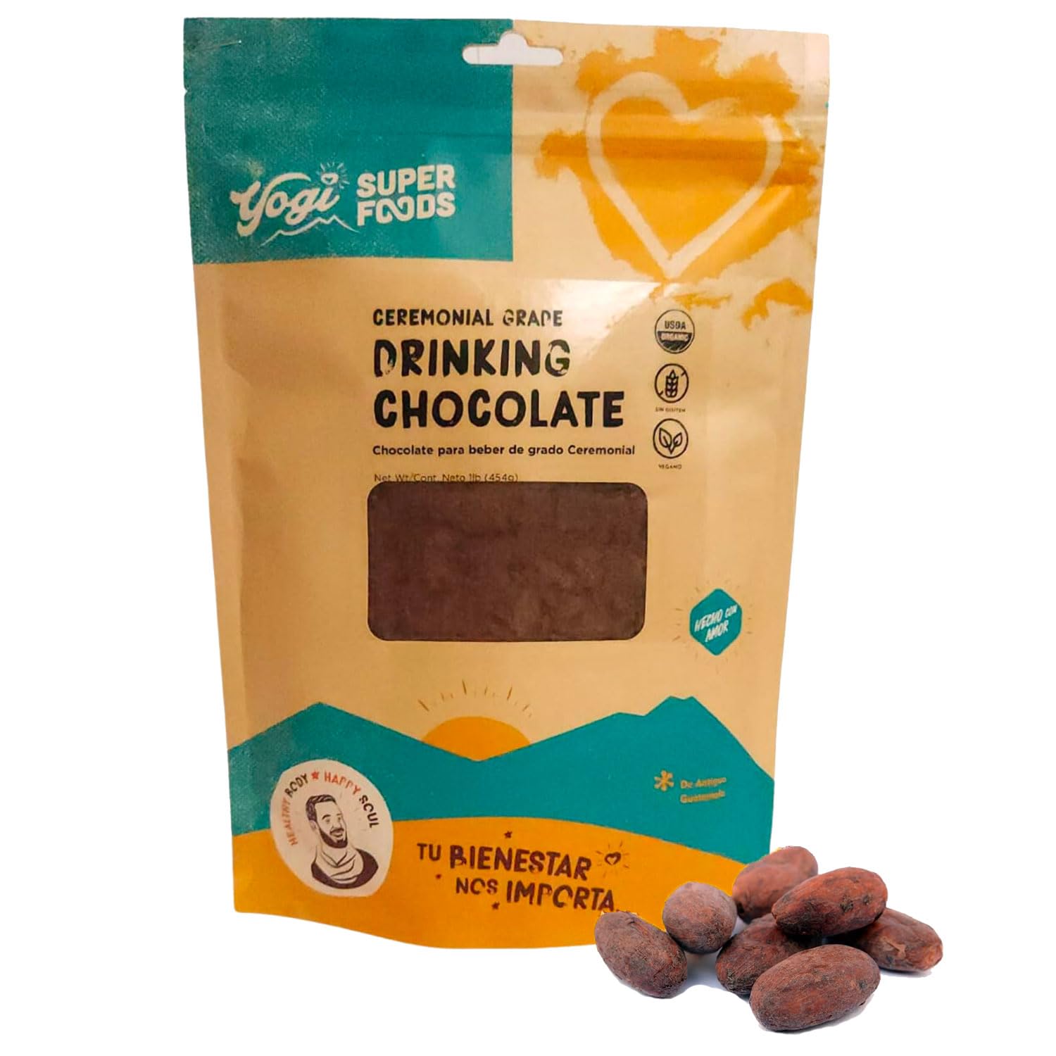 Yogi Super Foods 16 oz de chocolate de grado ceremonial para beber cacao, café alternativo sin cafeína, bebida de cacao orgánico sin azúcar,