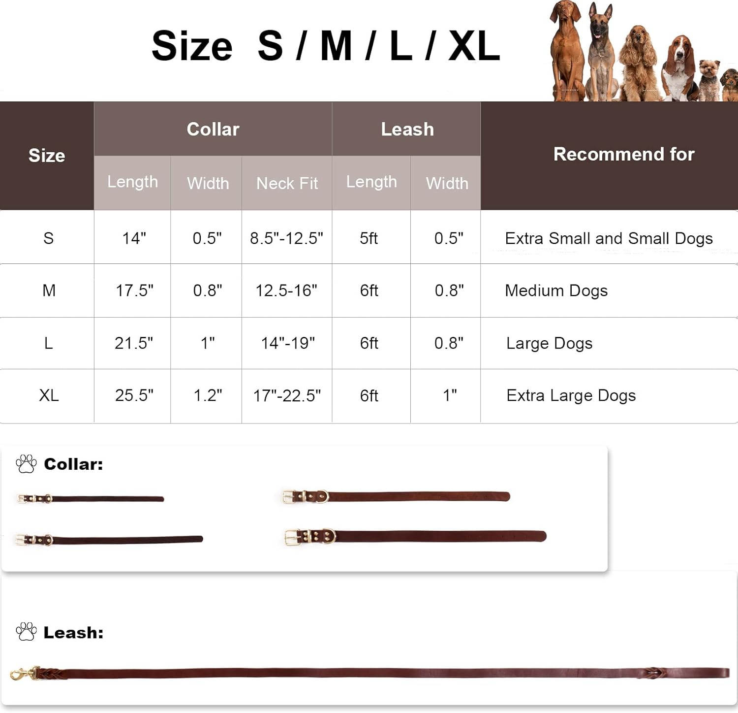 Guiding Star Juego de correa y collar de cuero de 6 pies, correa de perro de cuero trenzado suave de 6 pies con collar de perro ajustable, juego de