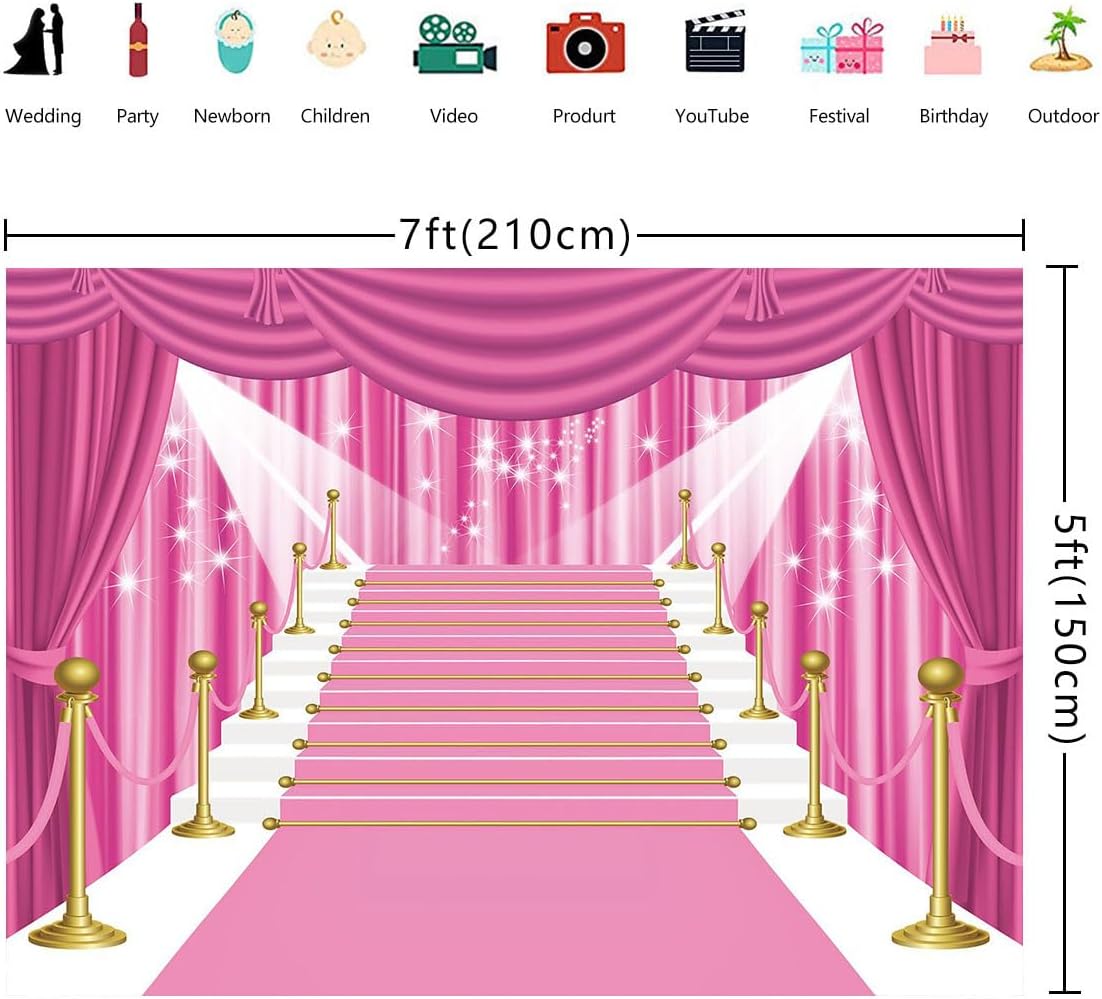 BINQOO Cortina de fondo rosa de 7 x 5 pies para baile de graduación 2025, alfombra grande, color rosa, estrellas, niña, fiesta, fotografía, fondo