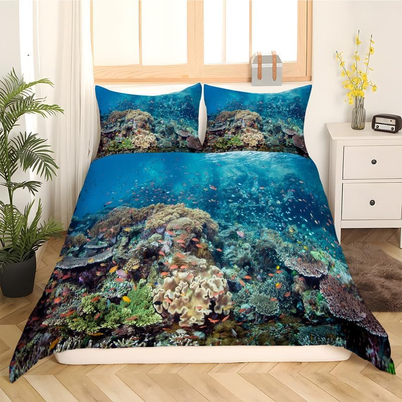 Juego de funda de edredón tamaño individual con estampado de paisaje azul oscuro, funda de edredón de microfibra suave y 2 fundas de almohada de 20