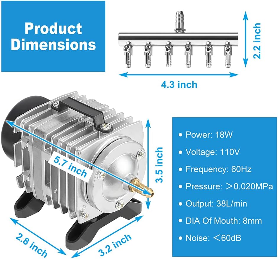 DaToo Bomba de aire para acuario 18W 602 GPH 38Lmin 6 salidas Bombas de aire comerciales para peceras Sistemas hidropónicos Estanque