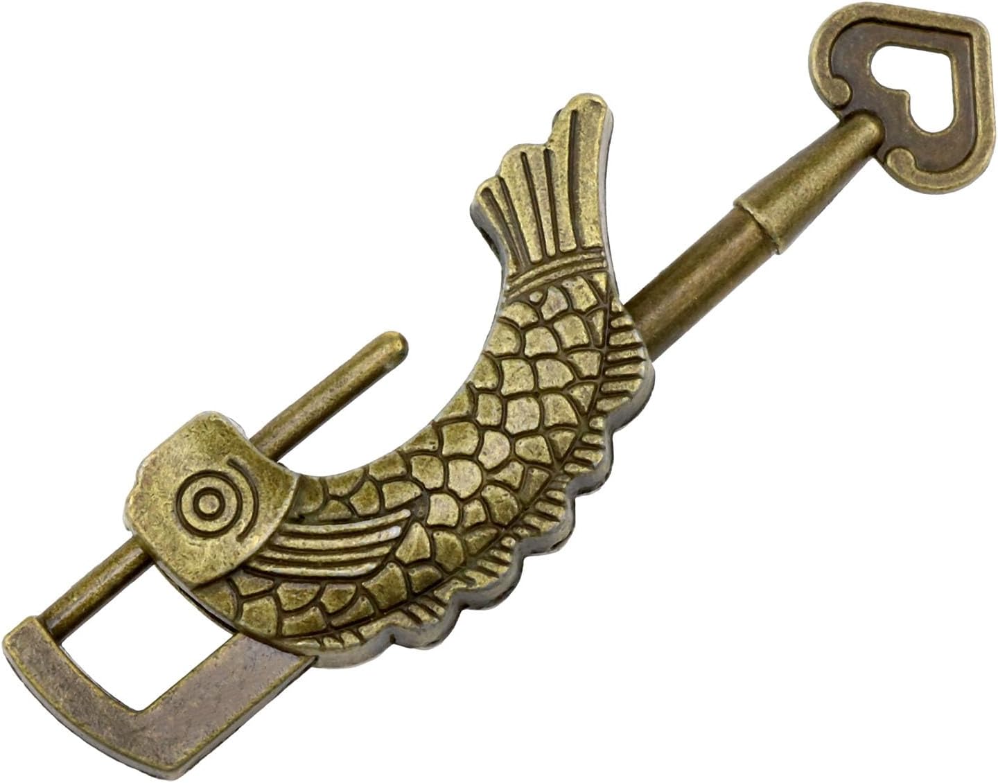 Candado retro en forma de pez con forma de pez de bronce, cerradura vintage con patrón de pescado con llave para joyero, maleta de madera, cajones