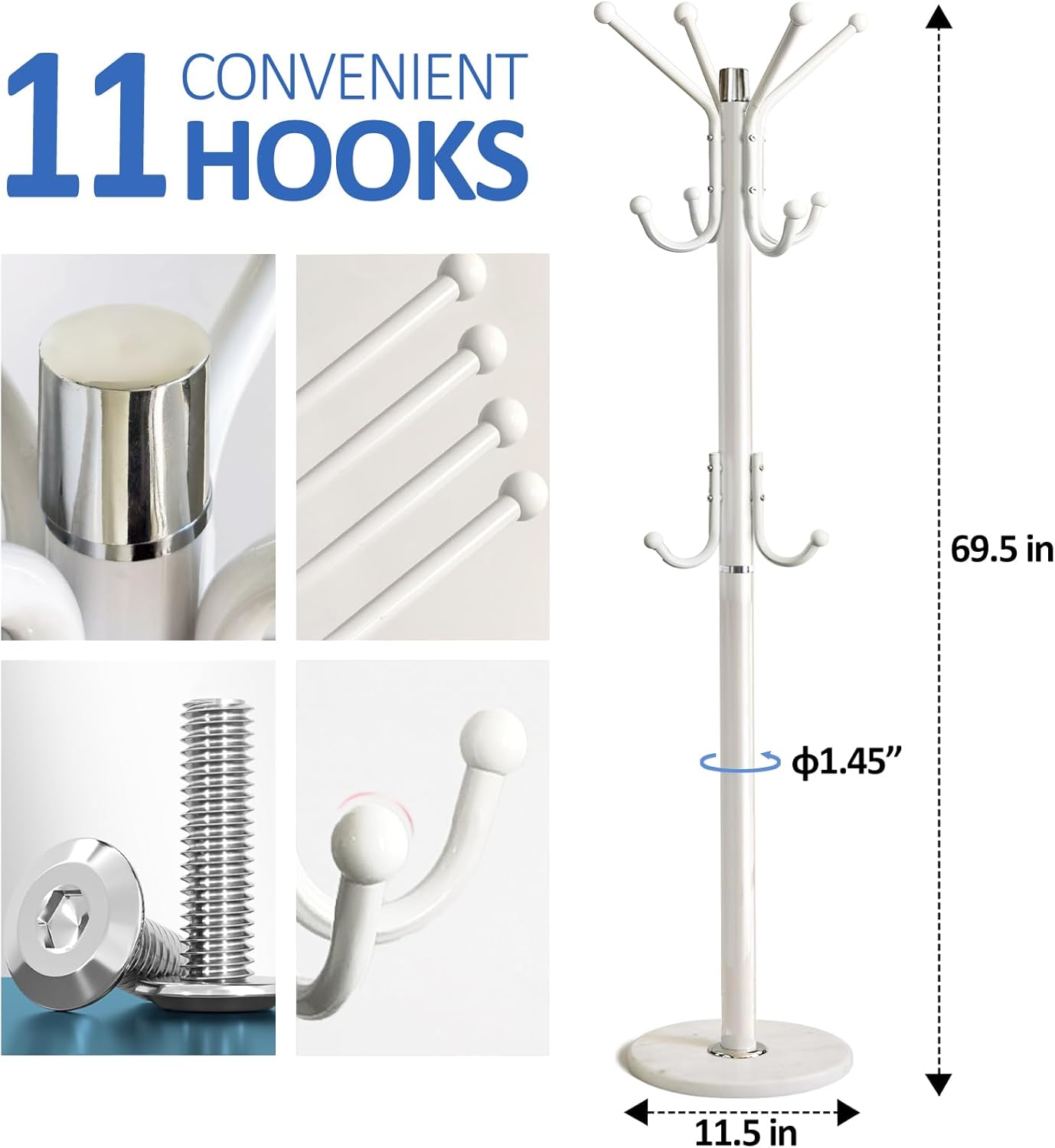 Perchero de metal moderno independiente con base de mármol natural, perchero de metal resistente con 11 ganchos, perchero de dormitorio, árbol de