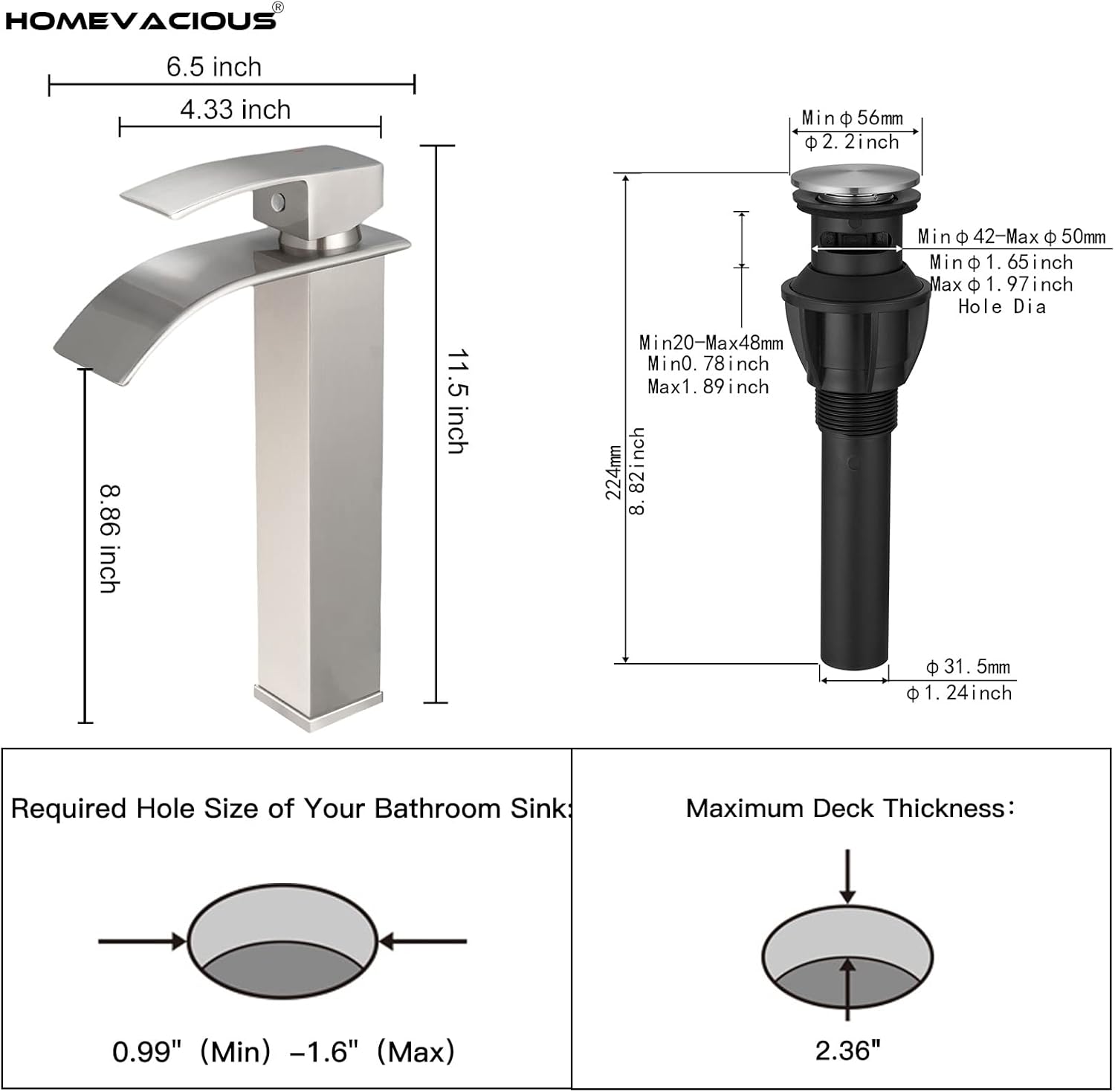 Homevacious Grifo de baño de níquel cepillado, grifo de fregadero de cascada, grifo de fregadero de una sola manija, grifo moderno de un solo
