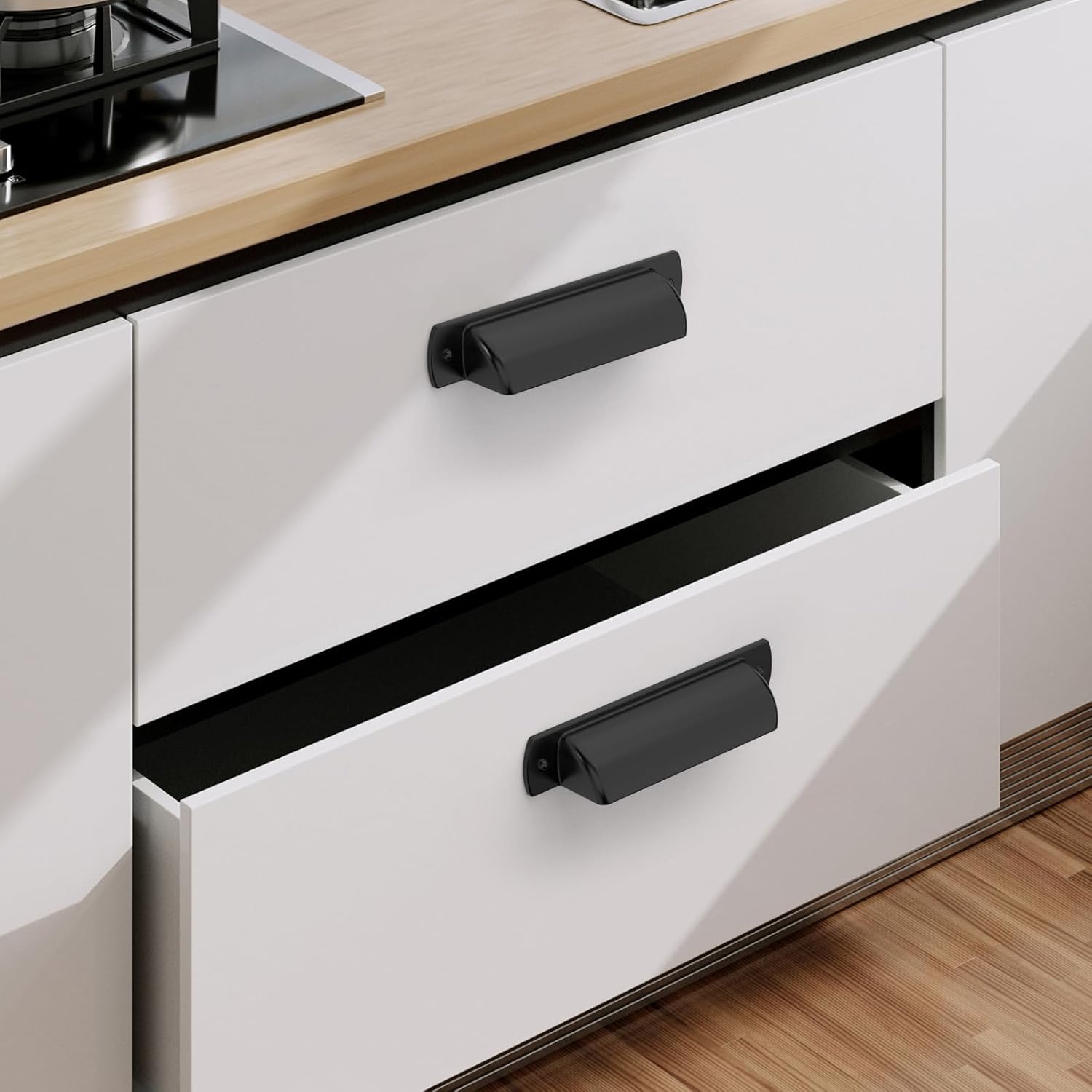 Paquete de 10 tiradores de taza de gabinete negro mate de 3 pulgadas, manijas de gabinete de cocina, tiradores de taza para armarios, tiradores de