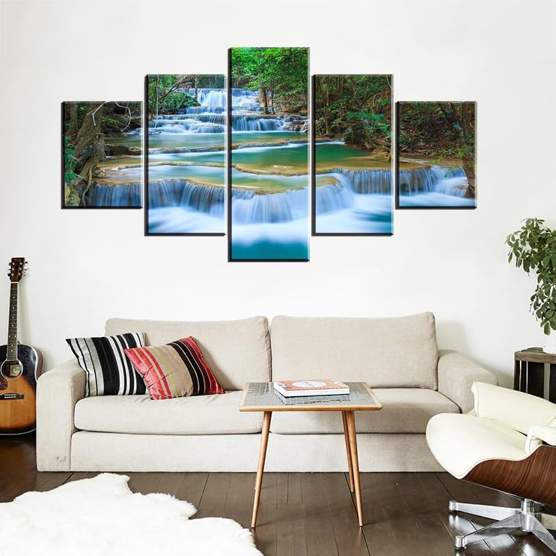 SZ – Lienzo decorativo para pared en cascada para sala de estar, 5 piezas de impresiones de estanque relajante en bosque tropical (montaje con
