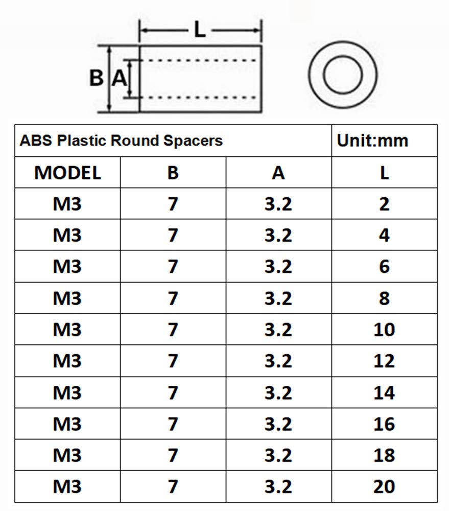 Juego de 100 espaciadores redondos de plástico ABS de 10 tamaños para tornillos M3, OD 0.276in, ID 0.126in, longitud 0.079in, 0.157in, 0.236in,